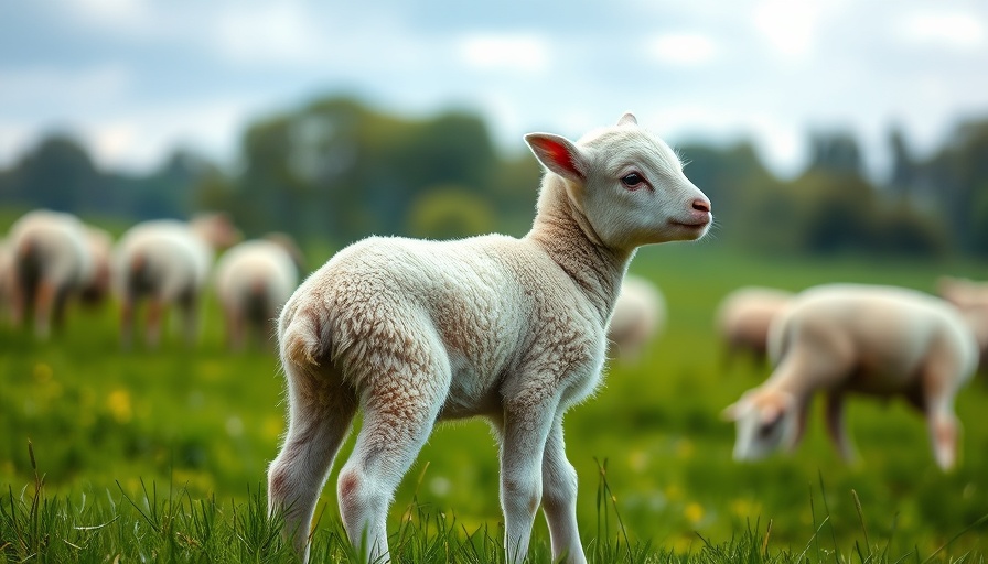 Young lamb in a field with sheep, serene countryside.