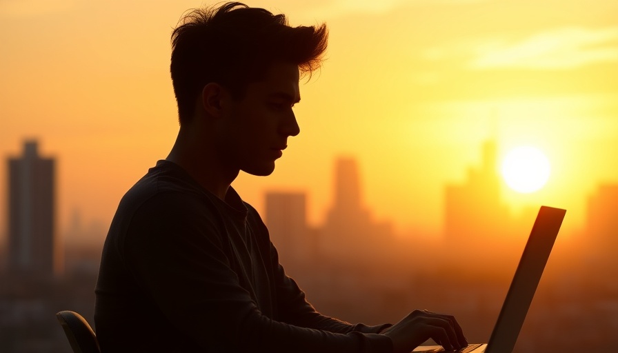 Young man working on laptop at sunset, hidden cost of automation concept.