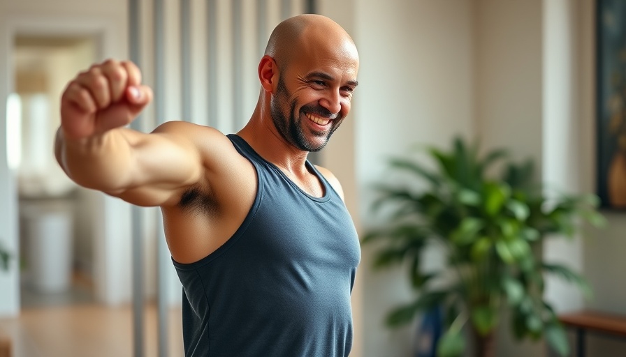 Man demonstrating exercise for blood circulation and glucose management indoors.