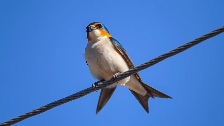 Swallow perched on wires against blue sky, curious gaze.