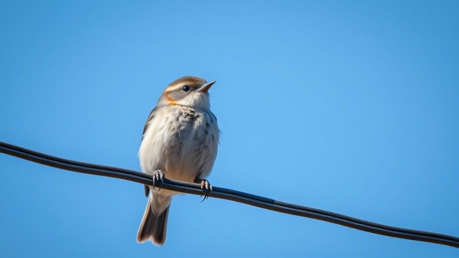 Bird perched on a wire under clear sky, observing surroundings.