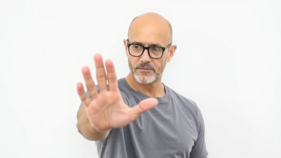 Man demonstrating hand stretch for health benefits.
