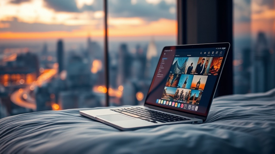Laptop on bed overlooking African city skyline at sunset.