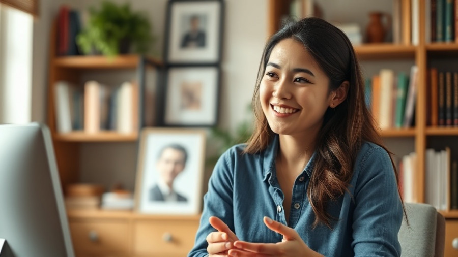 Young woman conversing in cozy home office, digital marketing theme.