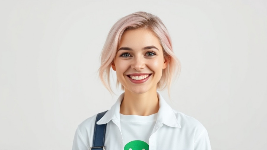 Casually dressed woman smiling in a white shirt, building a brand.