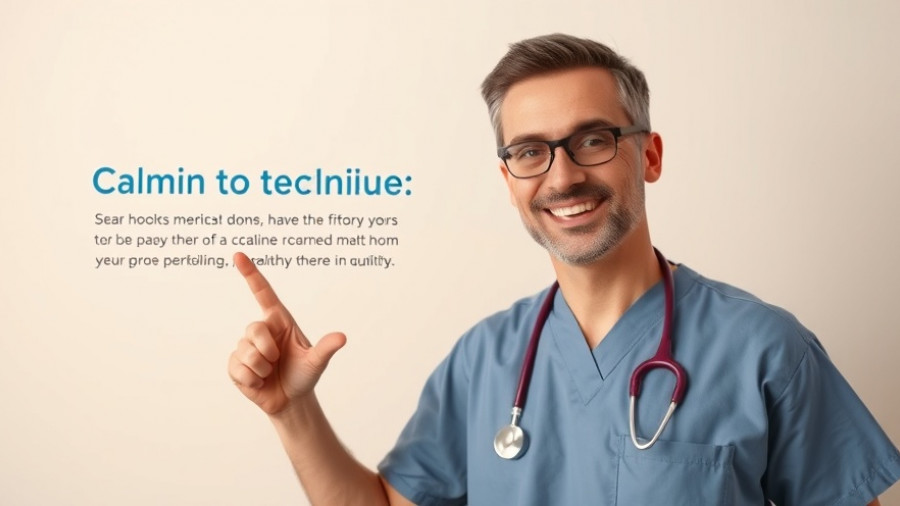 Smiling man in scrubs pointing to text about calm anxiety fast.