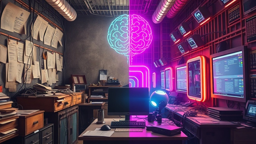 Contrasting old office and futuristic digital interface for AEO-ready website.