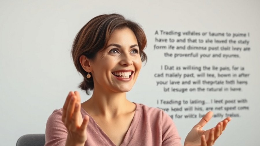 Smiling woman discusses trauma and nightmares on blue background.
