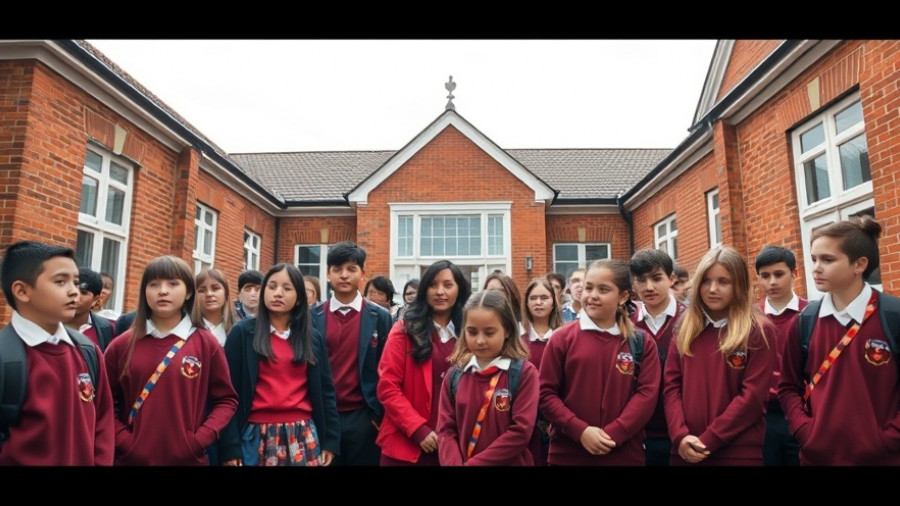 Students gathered outside a school in South Africa, highlighting education challenges.