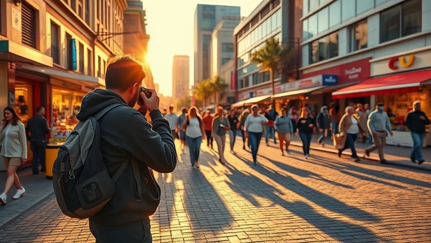 Dynamic urban photography in Randburg showcasing lively street scenes at golden hour.
