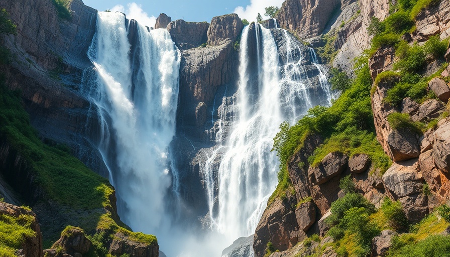 Howick Falls cascading down rugged cliffside surrounded by lush greenery.