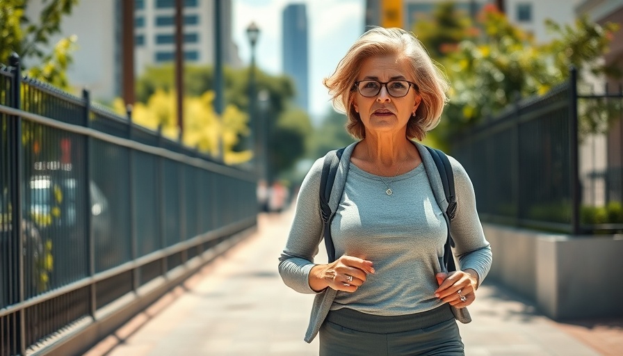 Middle-aged woman achieving health and fitness goals through outdoor walking.
