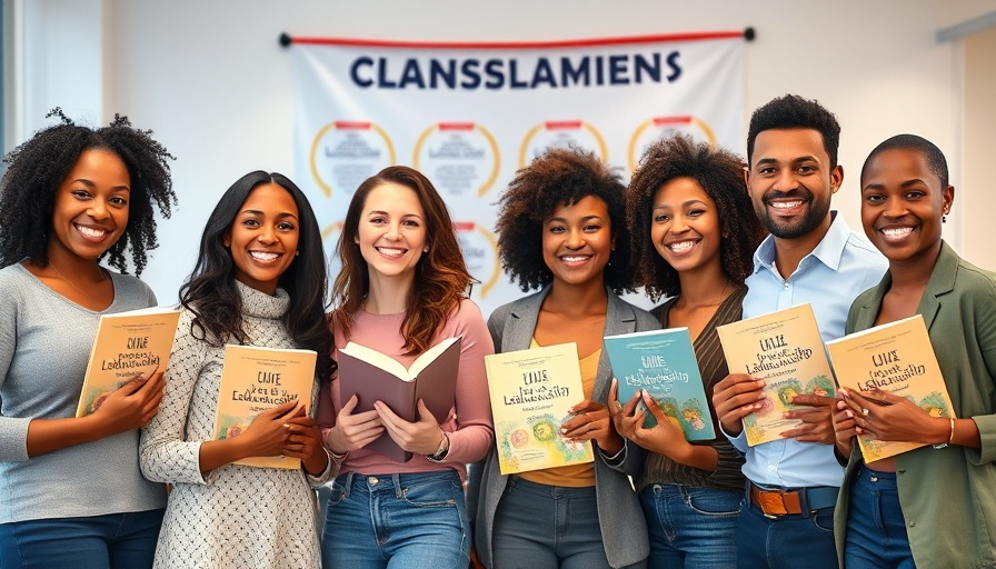 Group holding books on leadership education in an office.
