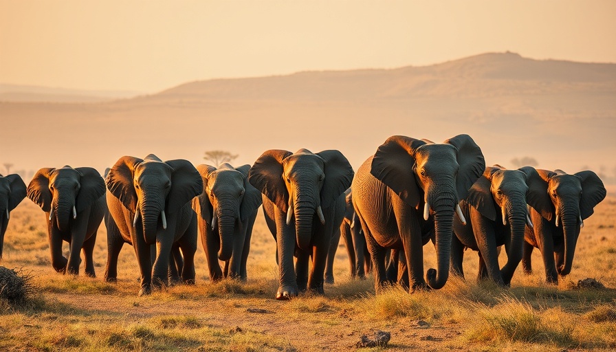 Herd of elephants in Kruger National Park savannah.