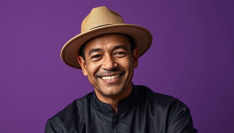 Man in traditional dress smiling warmly against purple background.