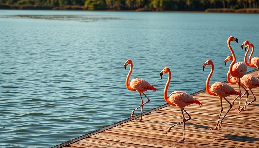 Flamingos at Ramsar Convention site near a wooden pier with reflections.