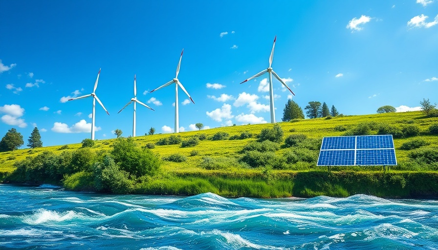 Conceptual image of environmental initiatives with wind turbines and solar panels.