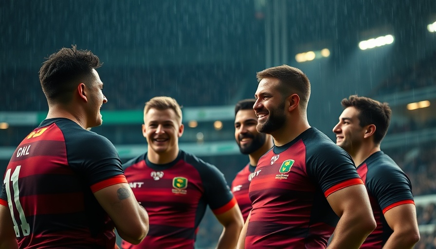 Handré Pollard in conversation with rugby players, smiling on the field.