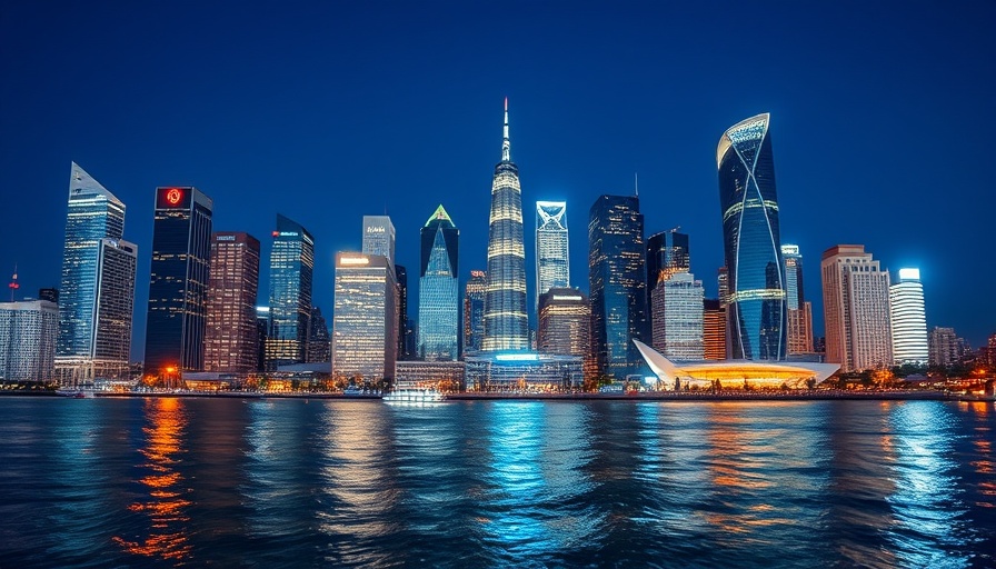 Skyscrapers at night with city lights reflecting on water.