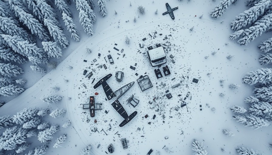 Aerial view of Alaska plane crash site in snowy forest.