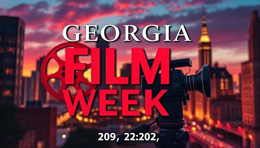 Georgia Film Week poster with film reel and cityscape.