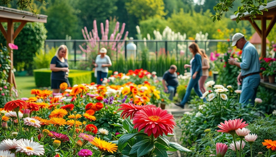 Sandy Springs Garden Club members gardening in a vibrant flower garden.