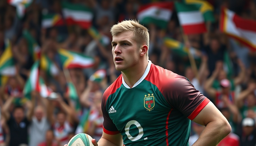 South African rugby player preparing for a match with flags in background.