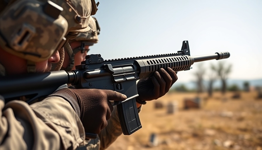 Close-up of weapon foreground with soldiers training, Maoist Insurgency.