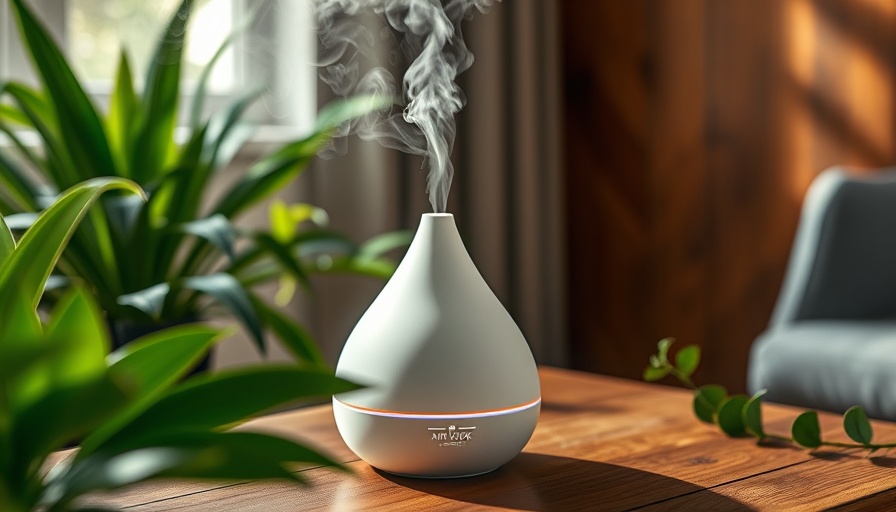 Air Wick Essential Mist Diffuser releasing mist on table with plants.