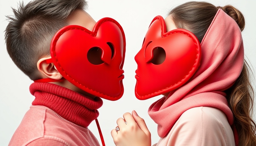 Couple kissing with broken heart masks - conflict resolution in relationships.