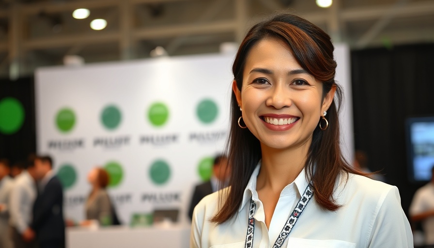Smiling woman at event with green and black logo backdrop.
