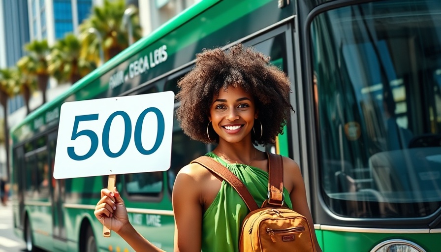 Protest sign '500' held up in front of a green bus with passengers visible inside.