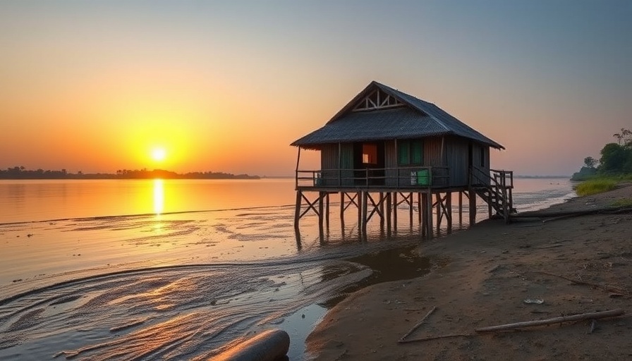 Serene stilt house by a river at sunset, peaceful atmosphere.