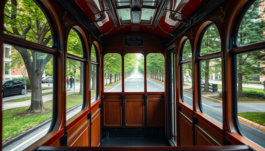 Milton MBTA trolley reflected in another trolley, showing greenery outside.
