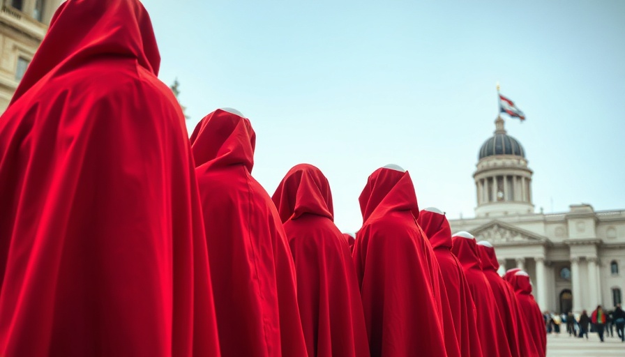 Cloaked figures in red and white bonnets in a symbolic dress code.