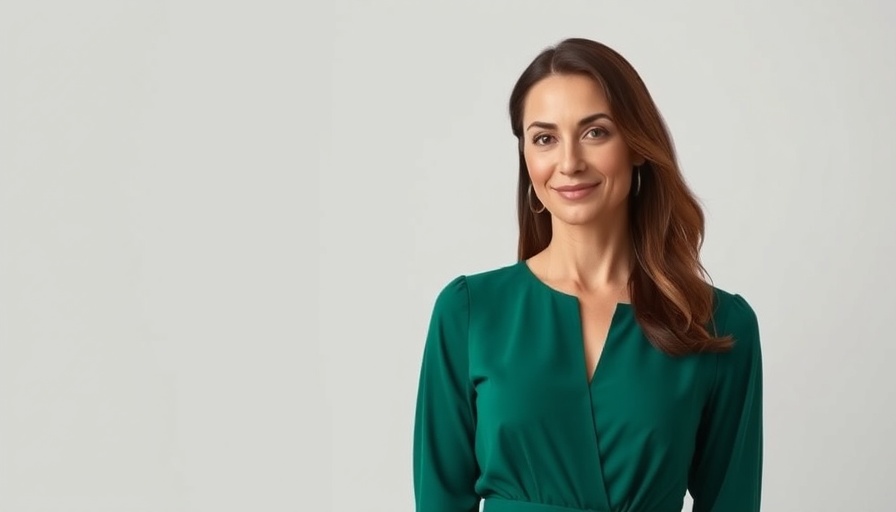 Confident woman in green dress, subtle smile, Suburban Housing Market Trends.