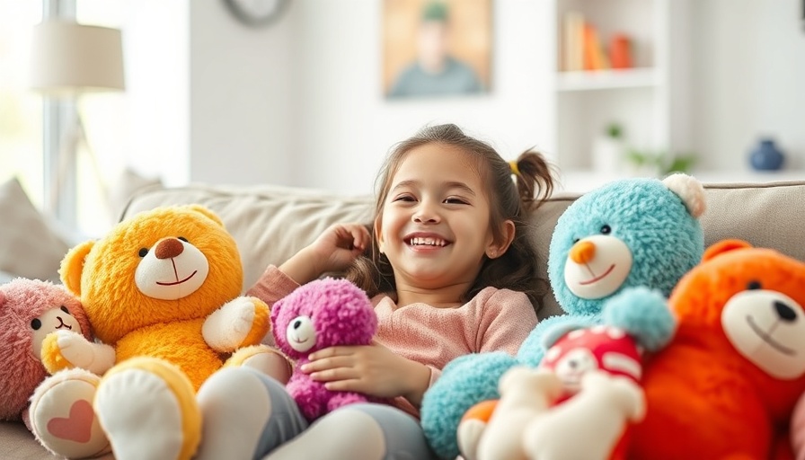 Girl surrounded by plush toys in vibrant living room.