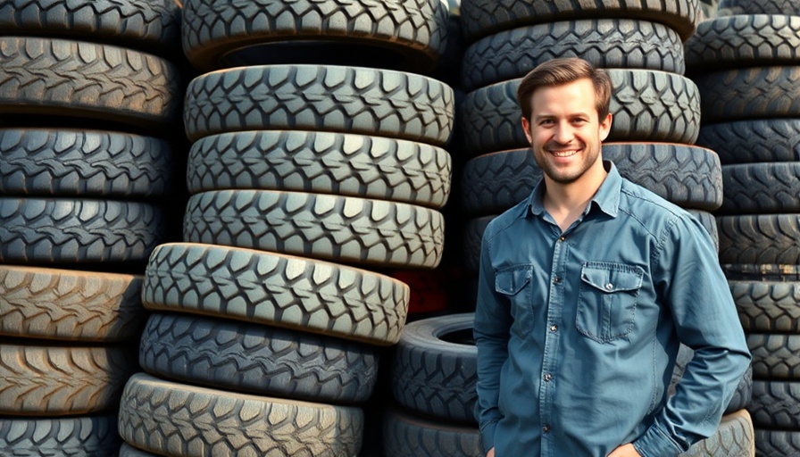 Professional smiling beside recycled tires marking tyre recycling milestone