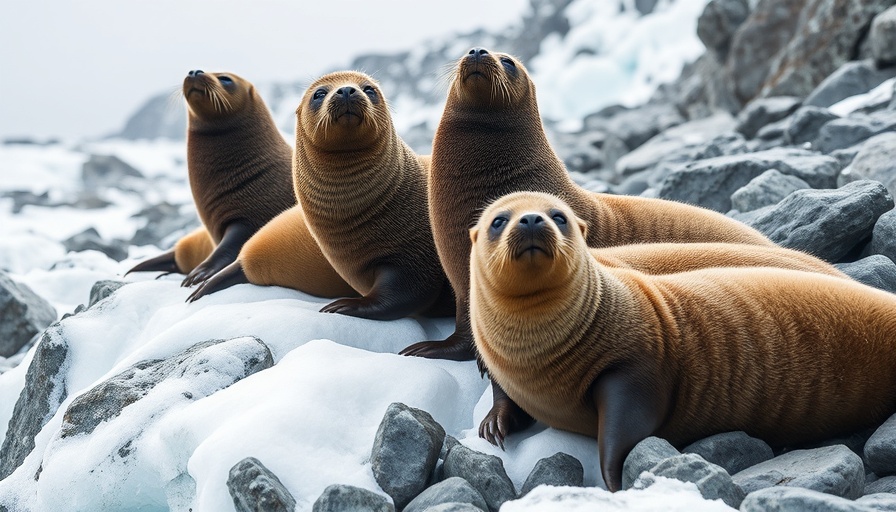 Curious fur seals on snowy rocks, guidelines for finding stranded fur seals.