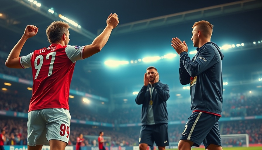 Soccer players celebrating and coach applauding in vibrant stadium scene.