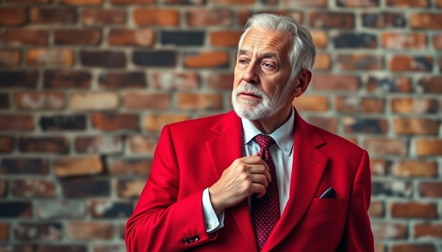 Thoughtful man in red suit celebrating life event