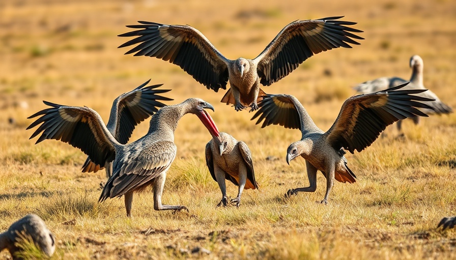 Vultures scavenging in dry grassland, illustrating ecosystem services.