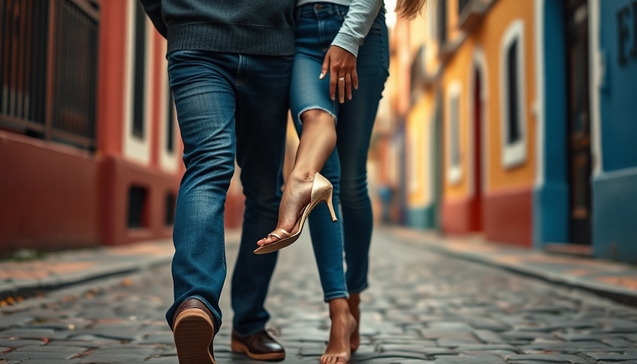 Couple on cobblestones, one barefoot holding shoes, smelly feet concept.