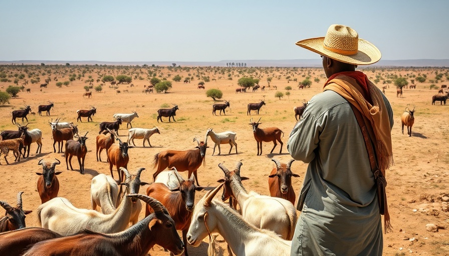 Traditional African herder with livestock in an arid landscape.