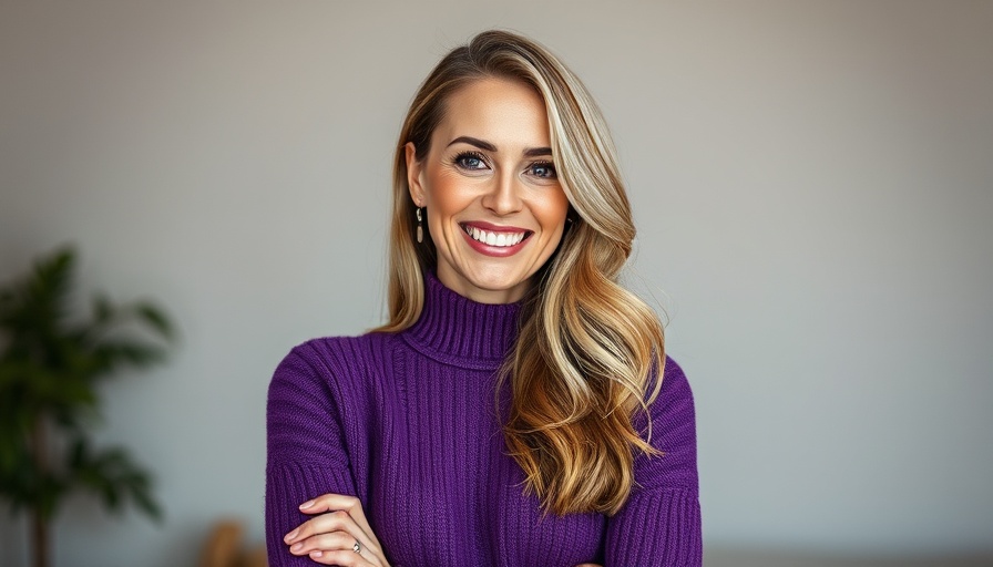 Confident woman smiling indoors in a purple sweater, neutral background.