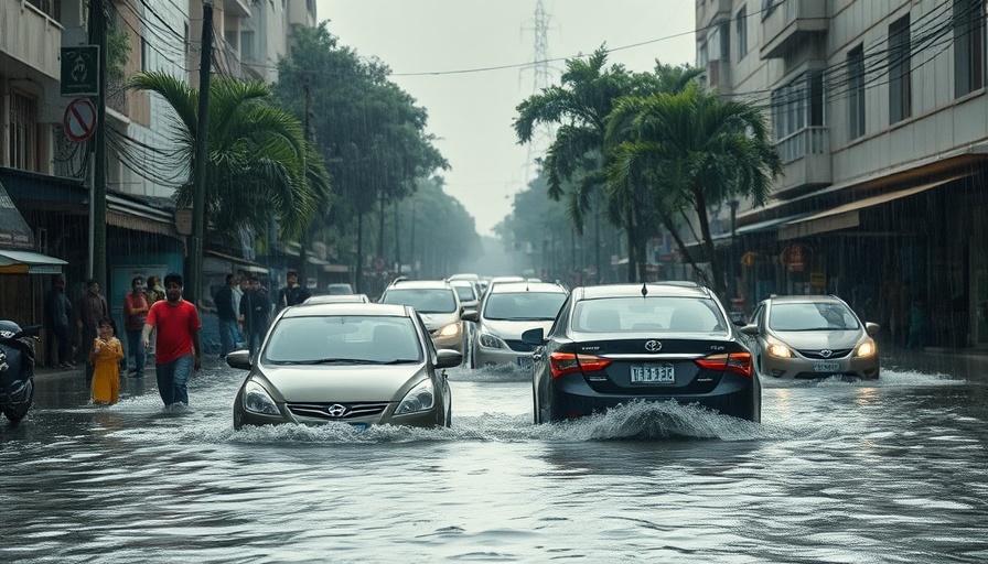 Flooded street scene during heavy rainfall in Southern Africa.
