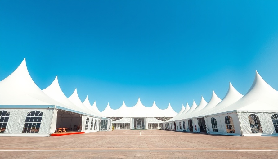 Outdoor South Africa event venue with tents and modern buildings.
