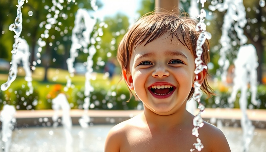 Child enjoying water fountain, hydrating in summer sun.