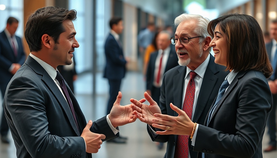 Dynamic business conversation at formal event, suits and expressive interaction.