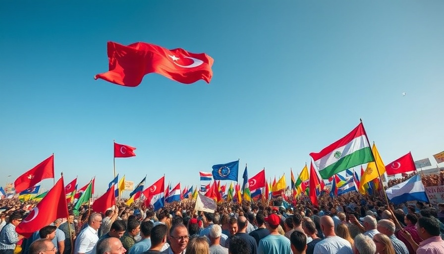 Vibrant Kurdish group rally, waving flags, celebrating unity, daytime event.